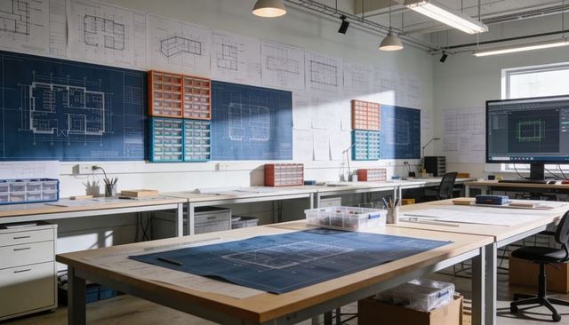 Architectural drafting workspace featuring large blueprint on wooden table and CAD monitor