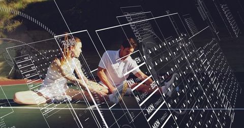 Athletic duo stretching on tennis court with digital interface