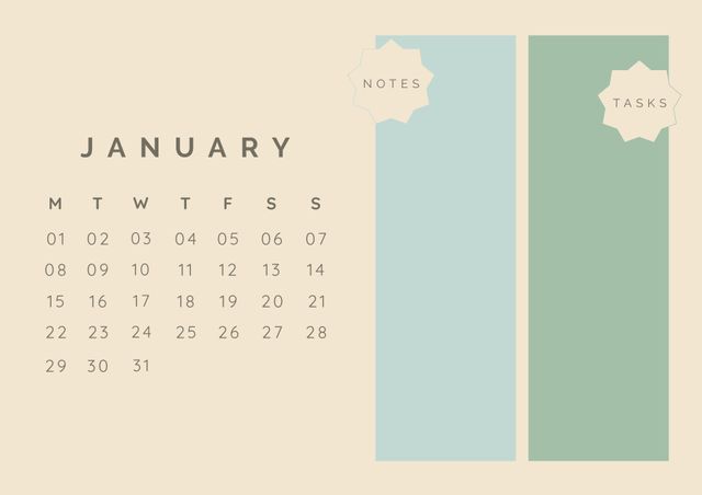 January calendar template featuring sections for notes and tasks. Ideal for personal or professional use, helping to organize monthly schedule, important dates, and to-do lists. Useful for planners, journals, office settings.