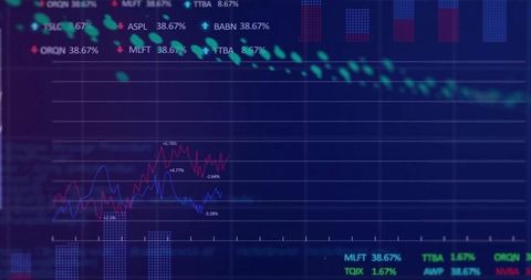 Neon Finance Dashboard Displaying Red and Blue Trend Lines, Grid, Glow, Market Tickers