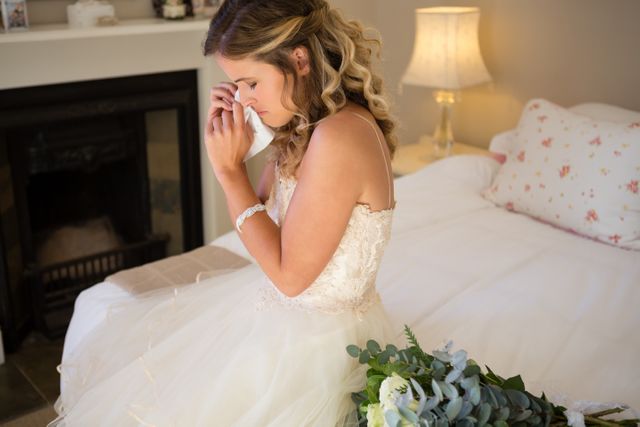 Bride in wedding gown sitting on bed, wiping tears with tissue. Bouquet placed beside her. Ideal for wedding blogs, emotional moments, bridal preparation articles, and wedding planning resources.