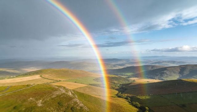 Double rainbow arching across rolling upland farmland lighting patchwork fields and ridges