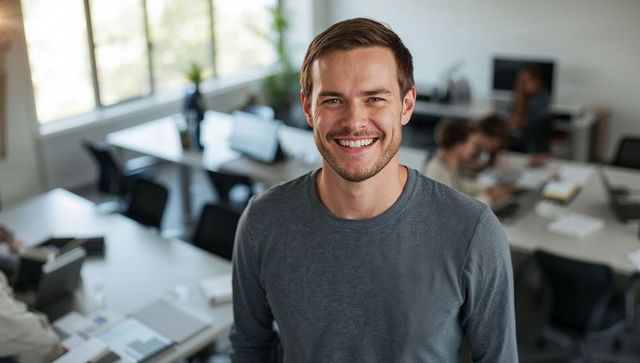 Smiling young professional standing in sunlit modern open-plan startup office with laptops