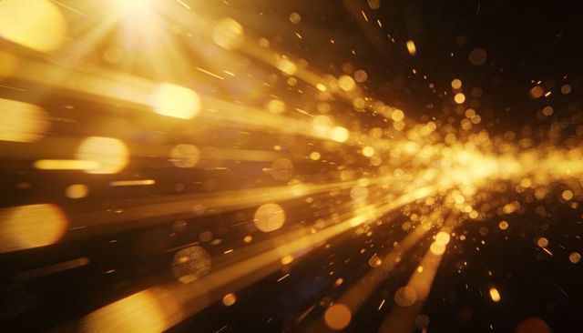 Glowing golden particle burst with radiant bokeh and streaking light rays