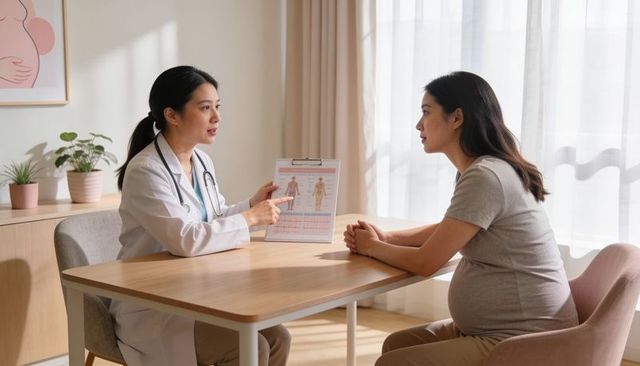 Asian obstetrician explaining prenatal chart to pregnant woman during clinic consultation