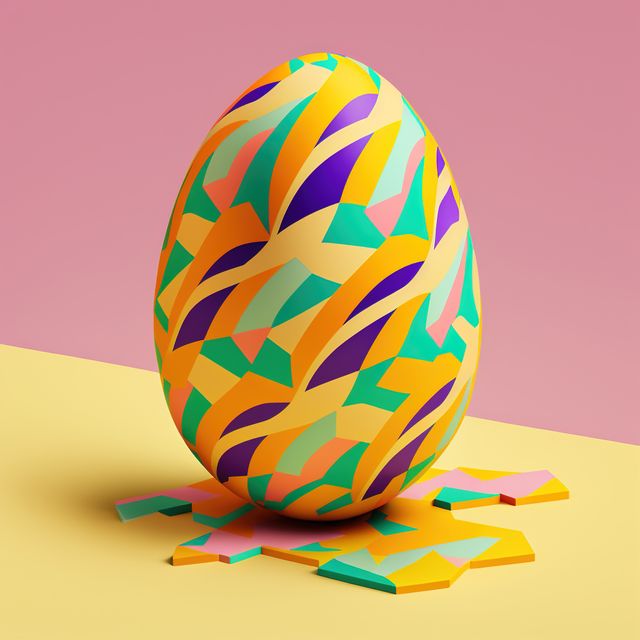 Colourful easter egg with pattern on pink background, created using generative ai technology. Easter and celebration concept digitally generated image.