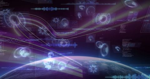 Glowing Neon Holographic Data Streams Orbiting Earth Limb with Futuristic HUD Panels