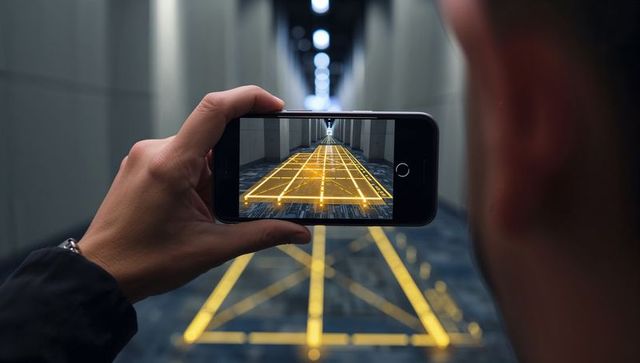 Man capturing augmented reality navigation grid in modern corridor with smartphone