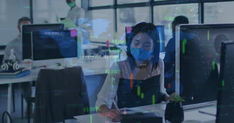 Masked Professional Analyzing Data in Modern Office with Global Financial Graphs