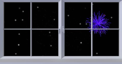 Festive Fireworks and Stars Through Window