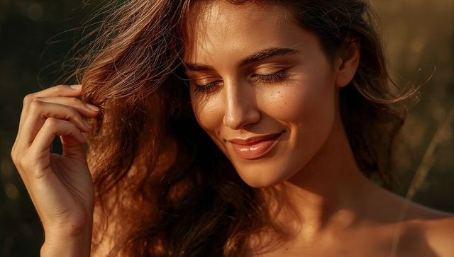 Smiling woman basking in golden-hour meadow with wavy hair, freckles, sun-kissed skin