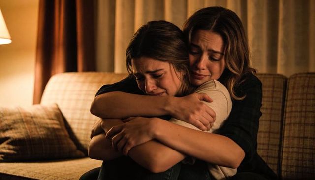 Comforting embrace between two women on sofa at night warm lamp light support