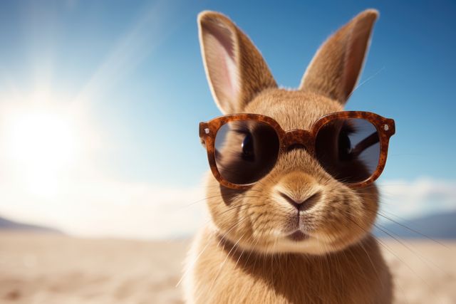 This image shows an adorable rabbit wearing sunglasses and enjoying the sunny beach. It is perfect for use in summer-themed projects, fun animal campaigns, vacation advertisements, and children's content.