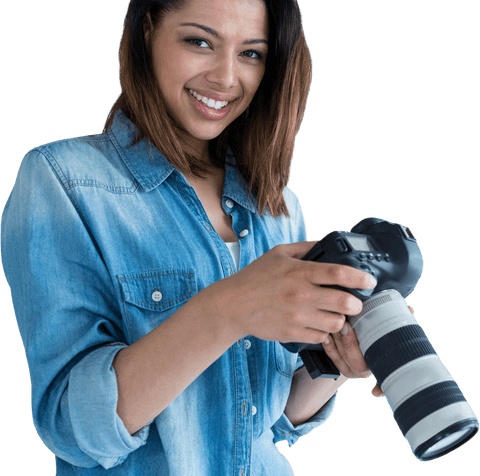 Transparent Smiling Female Photographer Holding Professional Camera - Download Free Stock Videos Pikwizard.com
