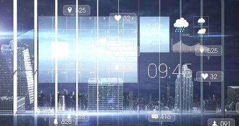 Futuristic Interface Display Over City Skyline with Calendar and Icons