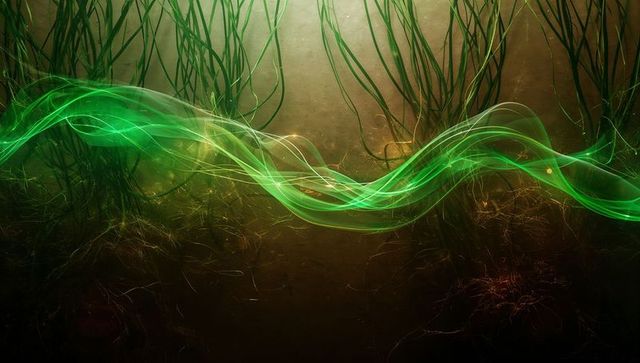 Neon green bioluminescent ribbon flowing through submerged seaweed and root filaments