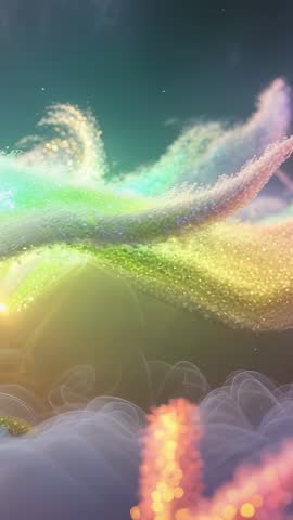 Vertical video featuring glowing ribbon drifting and emerging from cloud layer under twilight sky