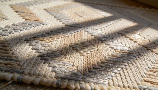 Sunlit braided jute rug with geometric diamond pattern and metallic thread sparkle close-up