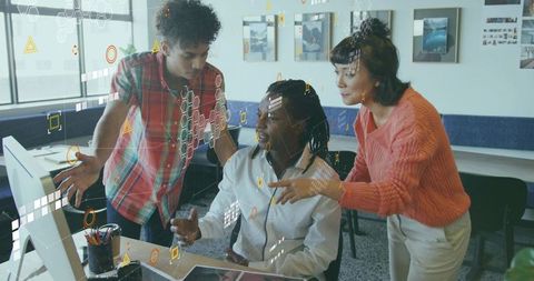 Diverse Team Collaborates with Digital Interface in Modern Office