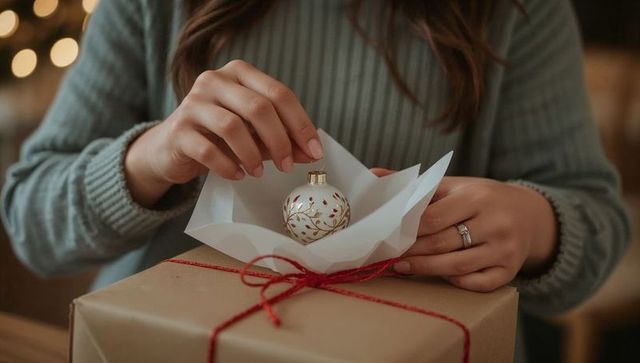 Placing white bauble on wrapped kraft present tied with red twine cozy holiday gift scene