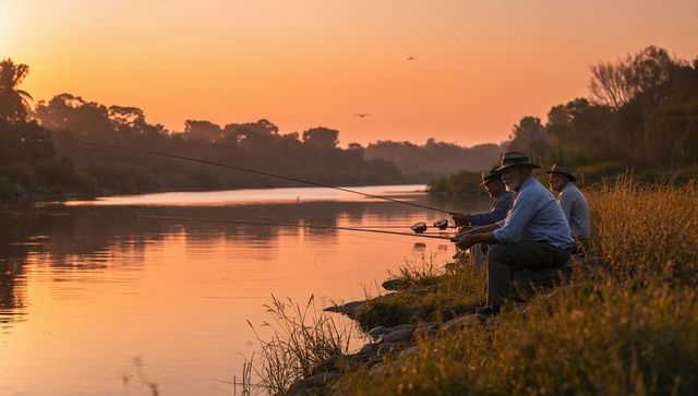 Sunset river fishing trio: senior men sitting holding rods, peaceful dusk companionship