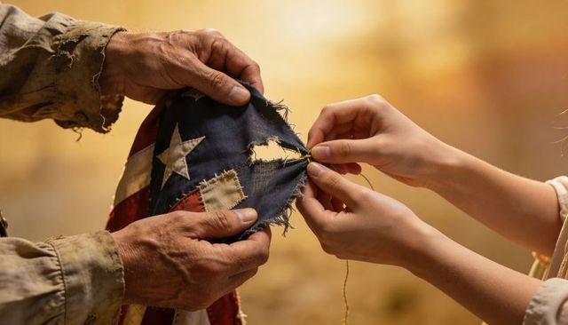 Stitching worn american flag by intergenerational hands repairing patriotic banner