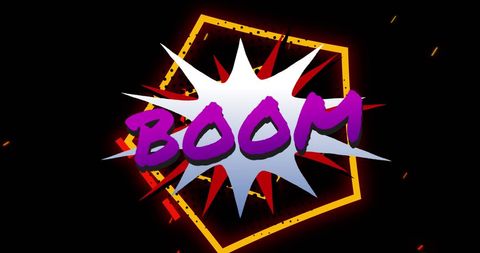 Dynamic 'boom' text with orange geometric shapes