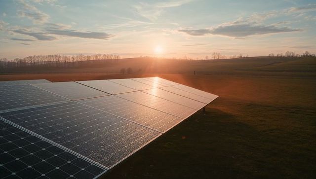Solar Panels in Field Reflecting Warm Sunset