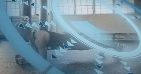 Woman Performing Forearm Plank with Futuristic AR Elements