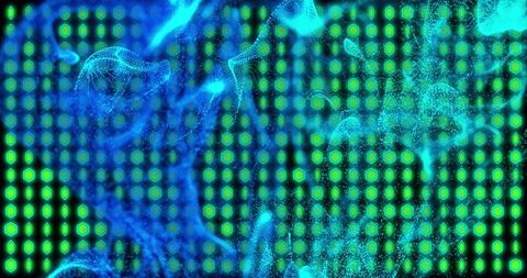 Glowing Cyan-Blue Particle Cloud Swirling Across Neon Green Hexagonal Grid Backdrop