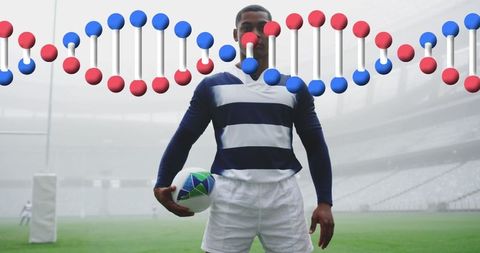 Rugby Player with DNA Strand Overlay in Stadium