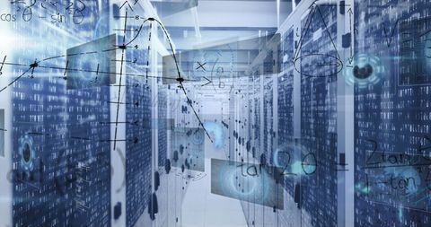 mathematical overlay on futuristic data center - Download Free Stock Images Pikwizard.com