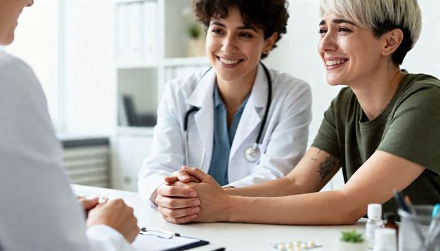 Clinician holding patient hand while both smiling during compassionate medical consultation