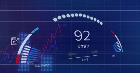 Displaying central digital speed gauge 92 km/h with neon telemetry overlays and chart graphics