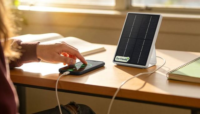 Hand charging smartphone with portable solar panel on desk by sunlit window, eco friendly power