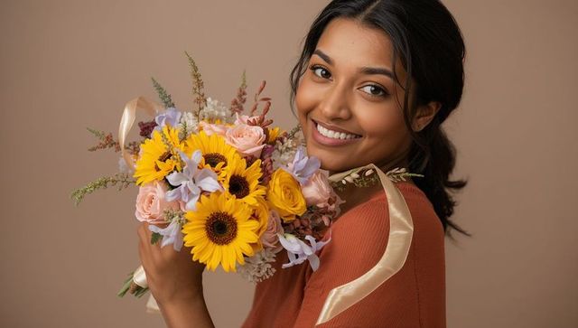 Smiling indian woman holding sunflower and rose bouquet in warm studio portrait