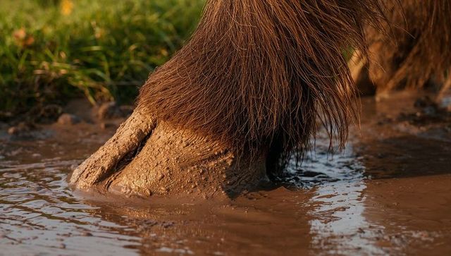 Cloven hoof sinking into muddy water, long brown hair soaking, wetland close-up