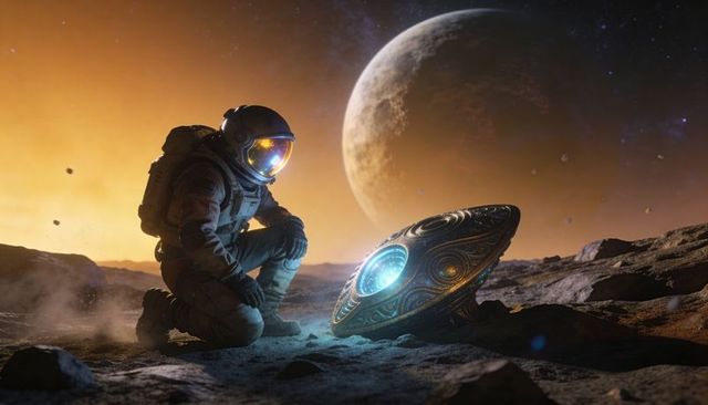 Kneeling astronaut discovering ornate glowing disc on alien moon at dusk