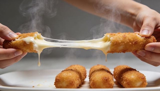 Stretching mozzarella cheese sticks pull-apart with crispy golden breadcrumbs, gooey bite