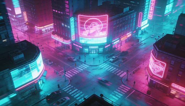 Cyberpunk crossroads glowing with neon led billboards, rain-soaked streets, aerial view