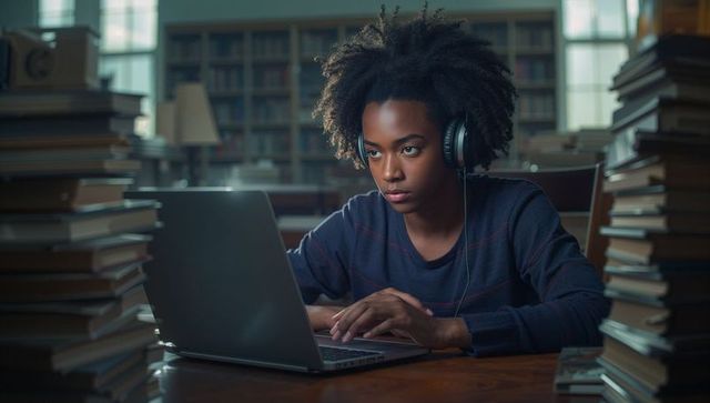 Focused Student Using Laptop in Library with Headphones