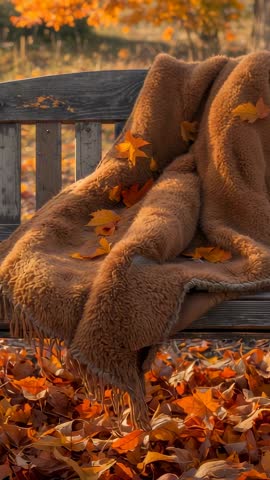 Vertical video showing brown fleece blanket on wooden bench with drifting maple leaves