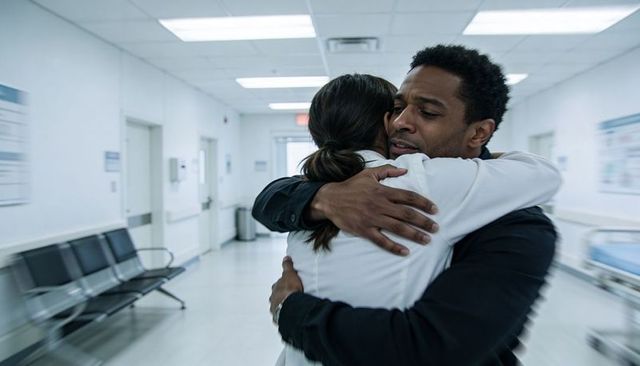Man embracing clinician in hospital corridor showing emotional support and relief