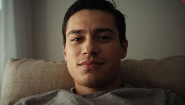 Relaxing young man reclining on beige couch in gray sweatshirt with soft natural light