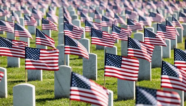 Honoring fallen veterans with rows of american flags at military cemetery memorial tribute
