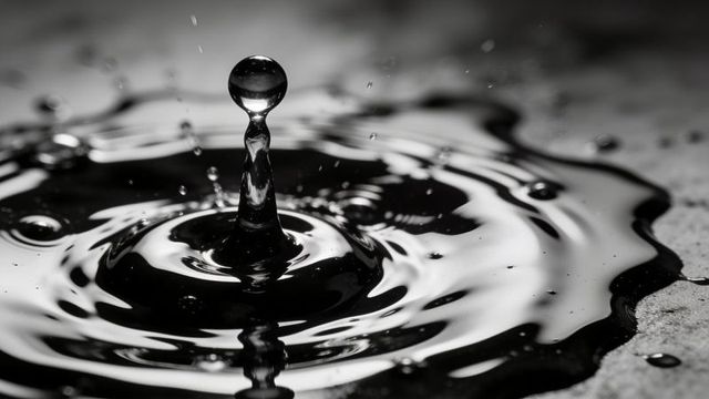 Monochrome water droplet rising on reflective surface with concentric ripples and splash