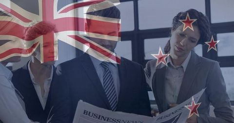 New zealand business team reviewing newspaper in modern corporate office with flag overlay
