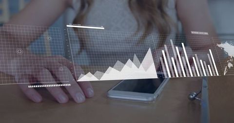 Resting Woman with Smartphone Displaying Holographic Data Visualization and Charts