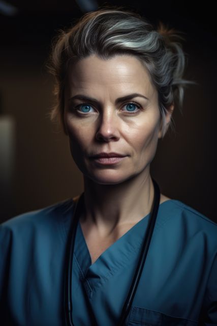 This image shows a serious and focused medical professional in blue scrubs, captured in a dimly lit hospital environment. The intensity of her expression conveys determination and confidence. Ideal for use in medical articles, healthcare websites, hospital advertisements, or any content highlighting the dedication and expertise of medical staff.