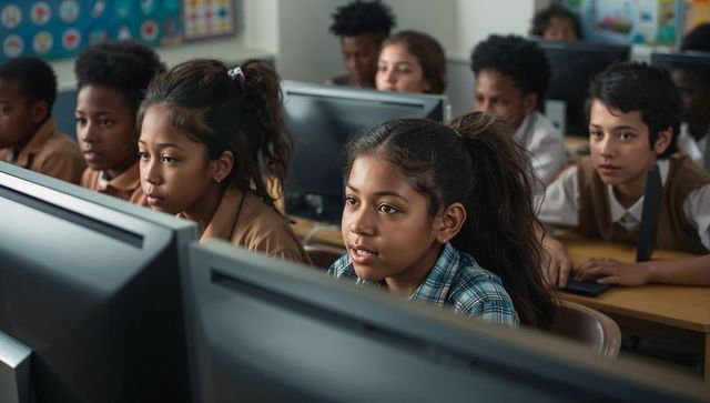 Engaged students learning computer skills in modern classroom